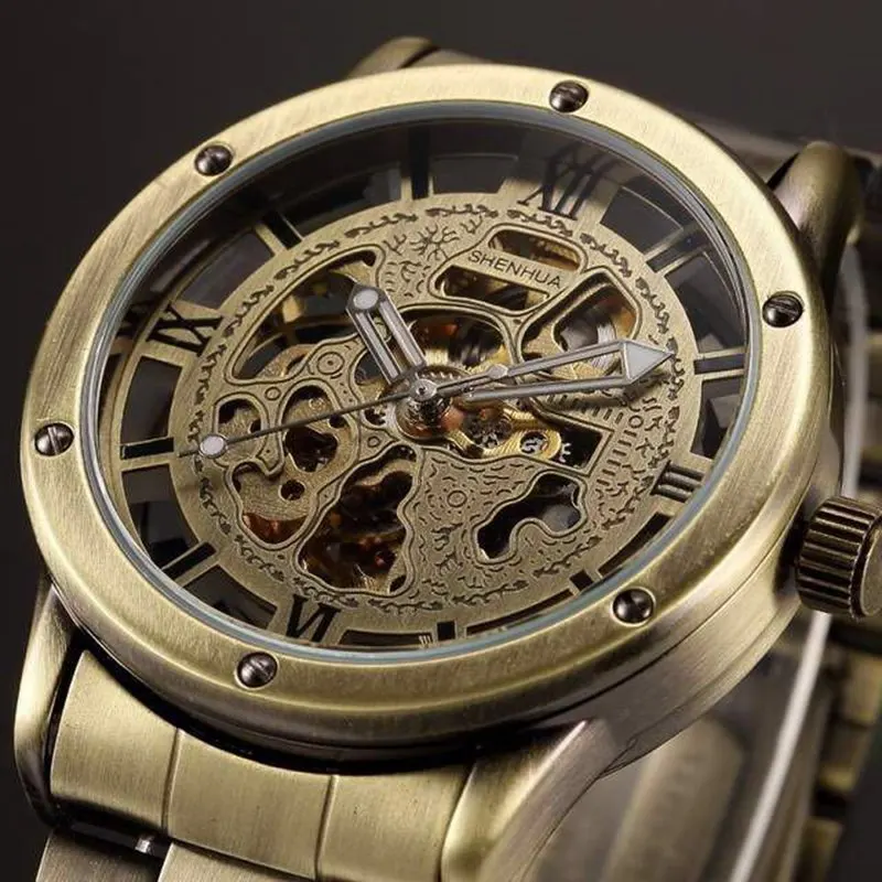 

Shenhua Transparent Case 2019 Fashion Engraving Golden Stainless Steel Men Automic Mechanical Watch Top Brand Luxury Skeleton