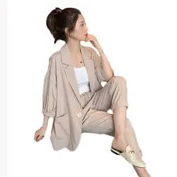 Для женщин комплект летние комплекты 2019 Новый Повседневное пиджак Высокая талия эластичные штаны женский костюм из двух предметов с