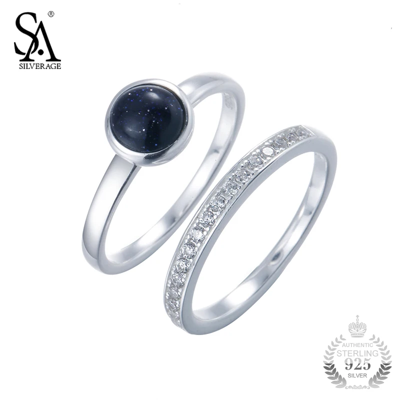 

SA SILVERAGE 925 Sterling Silver Ring Set Black Gemstone Rings Girl Women Pure Silver S925 Fine Jewelry Best Gift