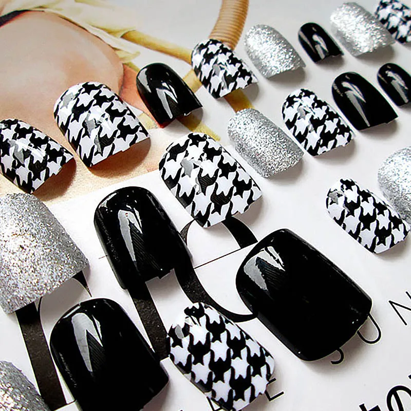 Прозрачные накладные ногти с клеем для женщин блестящая черная белая блесточка дизайн кончики для ногтей короткие накладные ногти украшения для ногтей