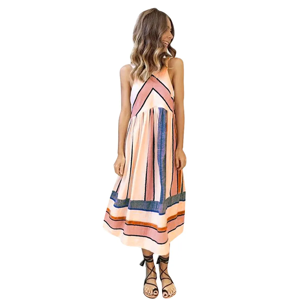 

Summer 2019 New Women Dress Sundress Bohemian Casual Loose Long Dress Sexy Pink Stripe Mid-Calf Dress L510
