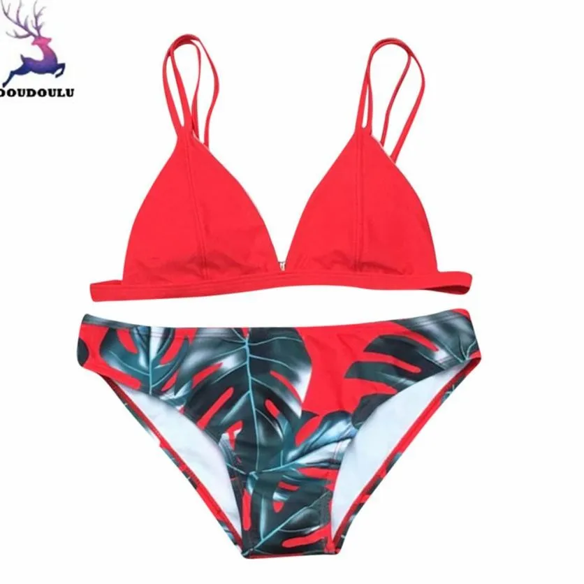 DOUDOULU summer Leaves Women Bikini Set Low Waist biquini Sexy Push up