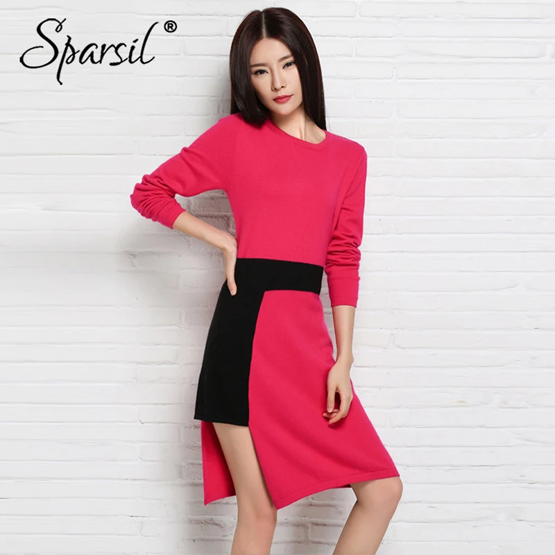 

Sparsil Women Spring Sexy Wool Knitted Dress Winter Autumn O Neck Long Sleeve Knee Length Irregular Hem Party Vestido Dresses