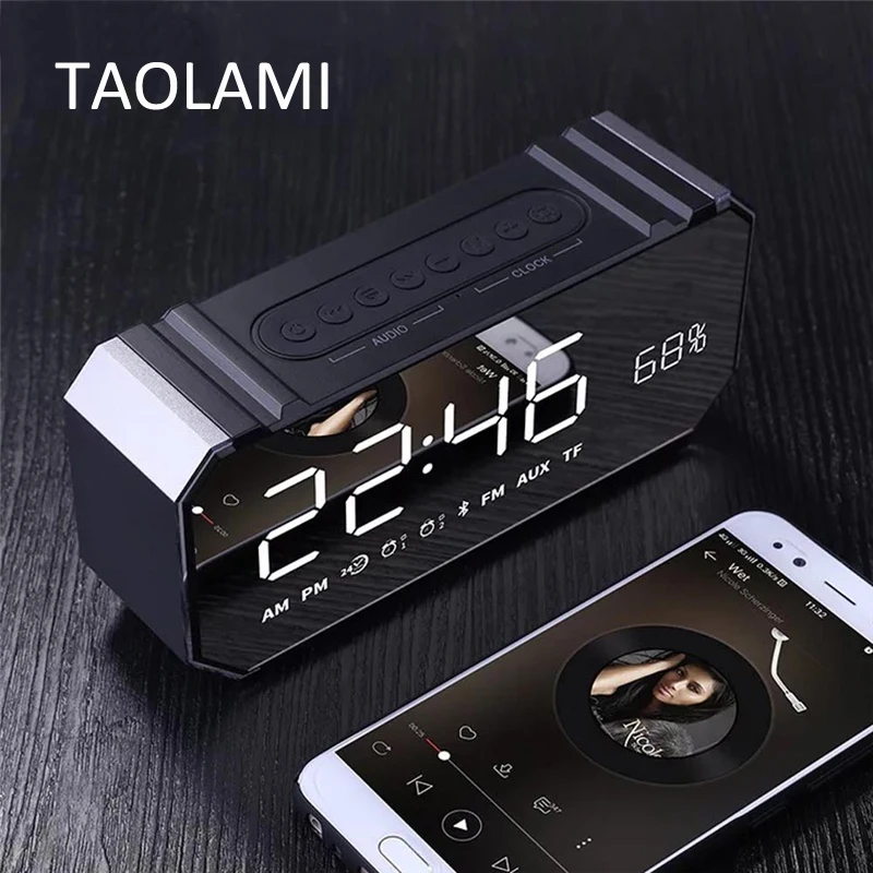 

Multi-Function Wireless Bluetooth Speaker Portable Mirror Stereo Hands-free Speakers Alarm Clock Loudspeaker Support FM Radio TF