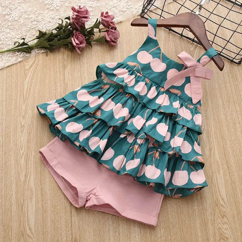 Menoea Girls Clothing Sets Summer New Girl Foral Print Chiffon Off Shoulder T-Shirt Top+Cotton Shorts 2PCS Casual Kids Sets