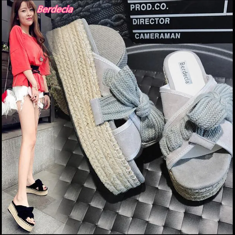 

Berdecia 2017 Platform Solid Women Slippers with bowknot Flat Wool String Lazy Female Shoes Outside Slippers Summer Fur Sandals