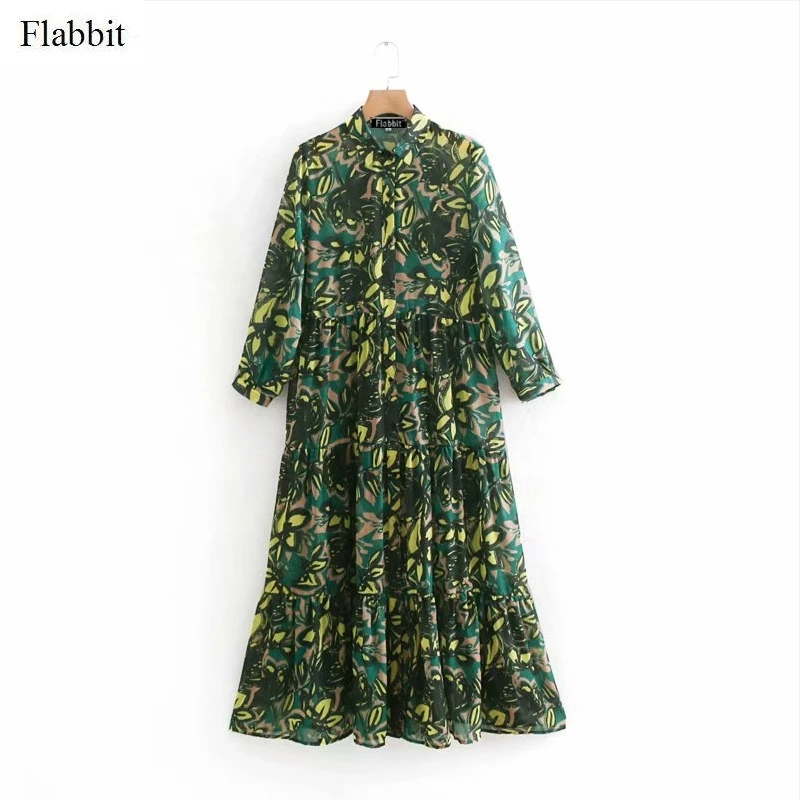 

Flabbit women vintage three quarter sleeve floral vestidos print chiffon midi dress fashion femme button ruffles dresses DS302