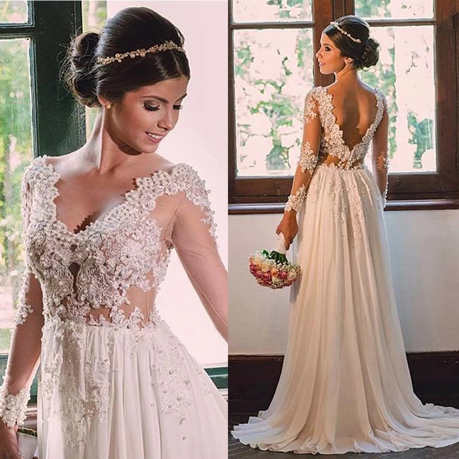 A Travers Col Perlée Voir À Soie Appliques Mariage V Robes Avec Dentelle ligne Manches Longues Made Décolleté Élégant Mariée Customized Mousseline De