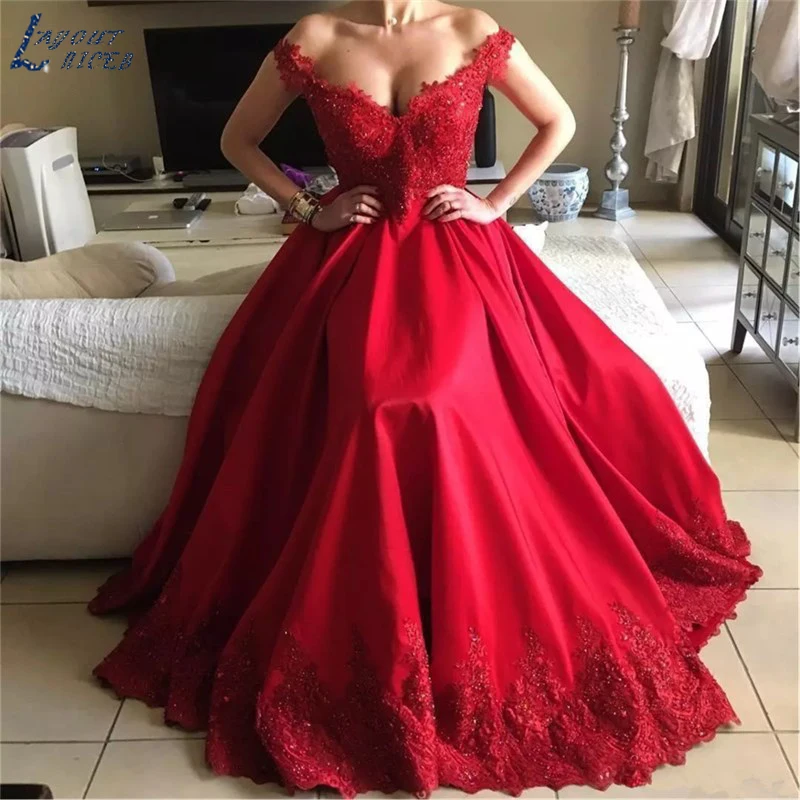 

AE1242 New Elegant Off Shoulder Beaded Lace Satin Evening Dresses Party Long Prom Dresses Formal Gown robe de soiree robe longue