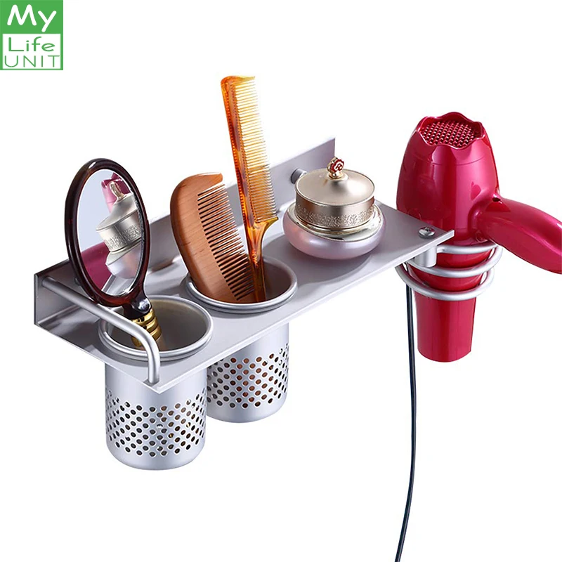 

MyLifeUNIT Wall Mount Hair Dryer Hanging Rack Organizer Multifunction Aluminum Hair Dryer Holder with 2 Cups