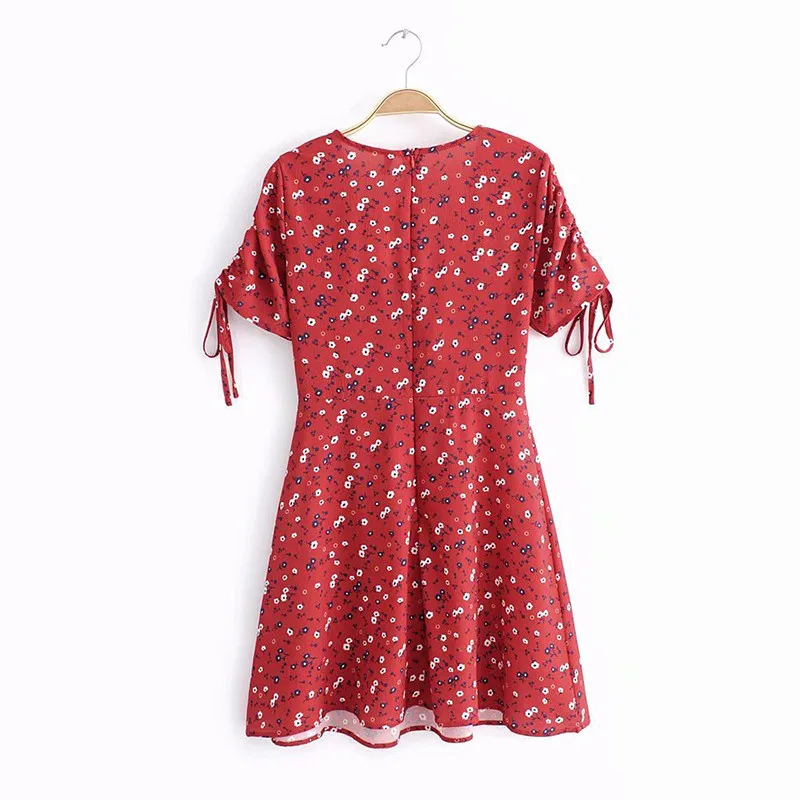 yinlinhe Red Floral Summer Dress Short Sleeve 2018 Lace Up V Neck Sexy Women Dress Slim Waist Elegant Bobo Vestidos  6