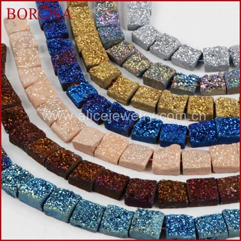 

BOROSA Fashion and Handcrafted 12mm Square Rainbow Natural Titanium Crystal Druzy Geode Loose Bead for Jewelry Making LS013
