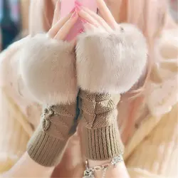 Bigsweety женские осенние весенние милые зимние перчатки имитация кроличьей шерсти Лоскутные вязаные шерстяные варежки Половина пальцев
