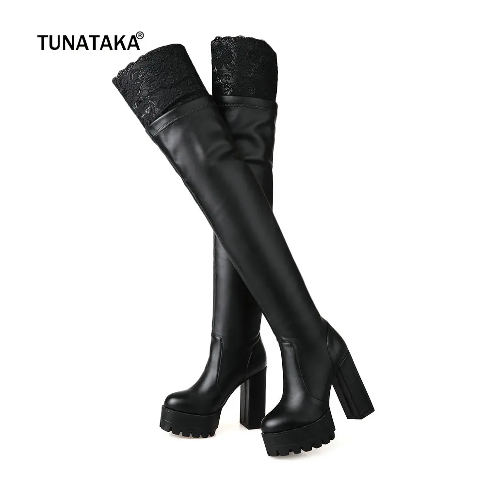 

Women's Over The Knee Boots Sexy Lace Thick High Heel Thigh Boots Platform Slip On Fashion Ladies Shoes White Black 2018 New