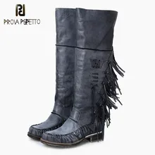 Prova Perfetto зима натуральная кожа плиссированные бахрома сапоги до колена Ретро стиль пэчворк низкий каблук рыцарские сапоги