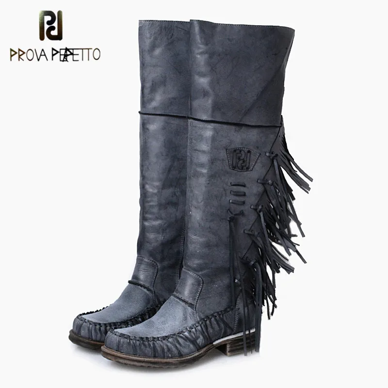 

Prova Perfetto 2017 Winter Genuine Leather Pleated Fringe Knee High Boots Retro Style Patchwork Low Heel Knight Boots