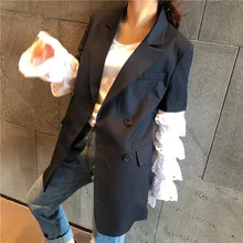 2019 New Casual Striped Blazer Coats Notched Women Flare Sleeve Ruffle Long Blazers White Patchwork Lace Blazers