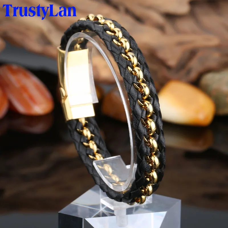 Trustylan Stainless Steel Gold Color Mens Bracelets Bangles Cool Trustylan Stainless Steel Gold Color Mens Bracelets Bangles Cool Black Leather Knitted Magnetic Clasp Bracelet Men Jewelry Gifts In Wrap From