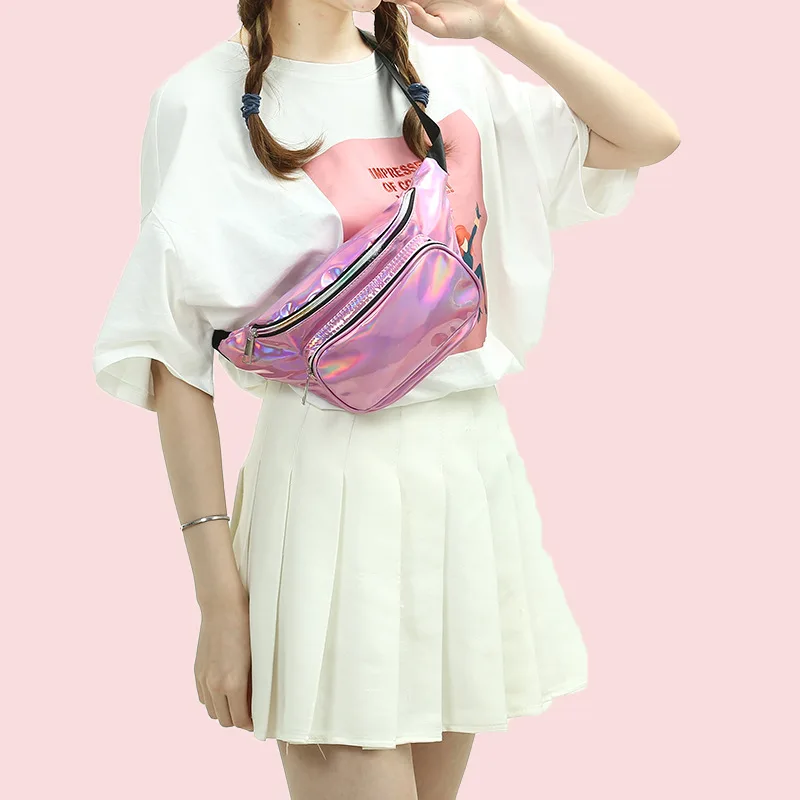 

New Summer Pink Fanny Pack for Women Waist Bag Fashion Laser Leather Chest Bag Beach Waist Packs Large Capacity Shoulder Bags