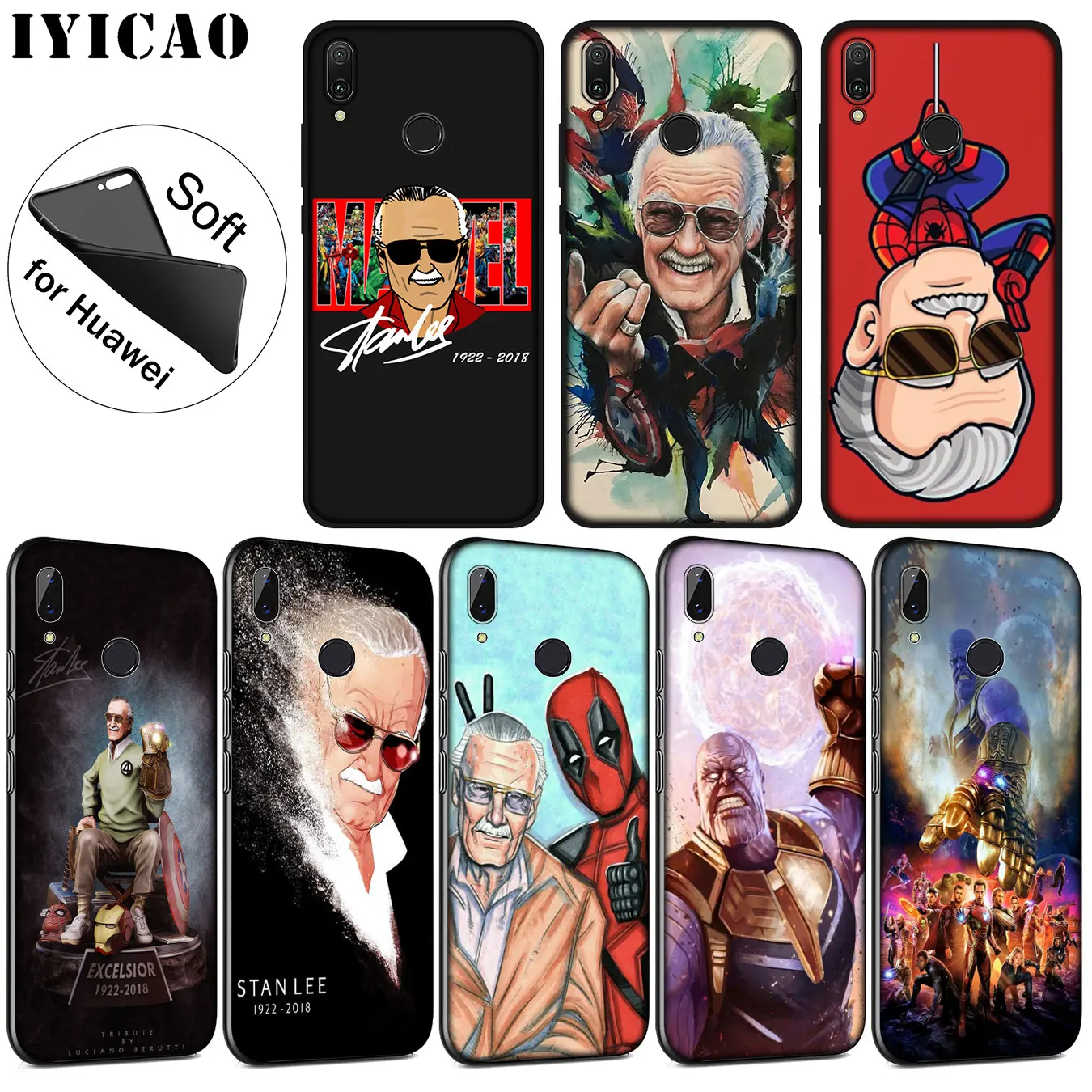 

IYICAO Stan Lee Marvel Soft Silicone Phone Case for Huawei P20 Pro P10 P9 P8 Lite Mini 2017 2015 P Smart 2019 TPU Black Cover