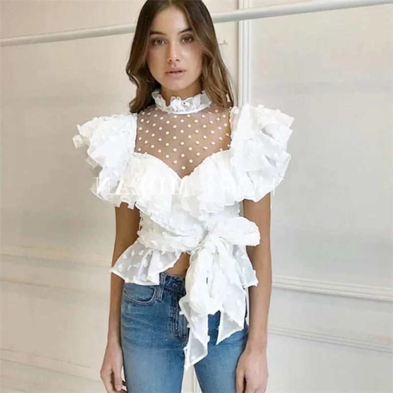 

High Quality Sashes Ruffles Sexy Perspective Mesh Lace Woman Short Blouses Sweet Woman Holiday Party White Shirt Top