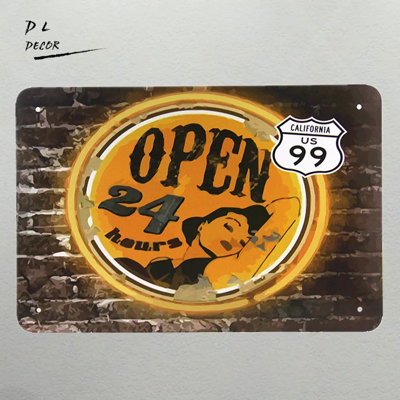 DL-Open 24 hours on Route 66 poster Tin sign Art wall decor Restaurant Bar iron Painting