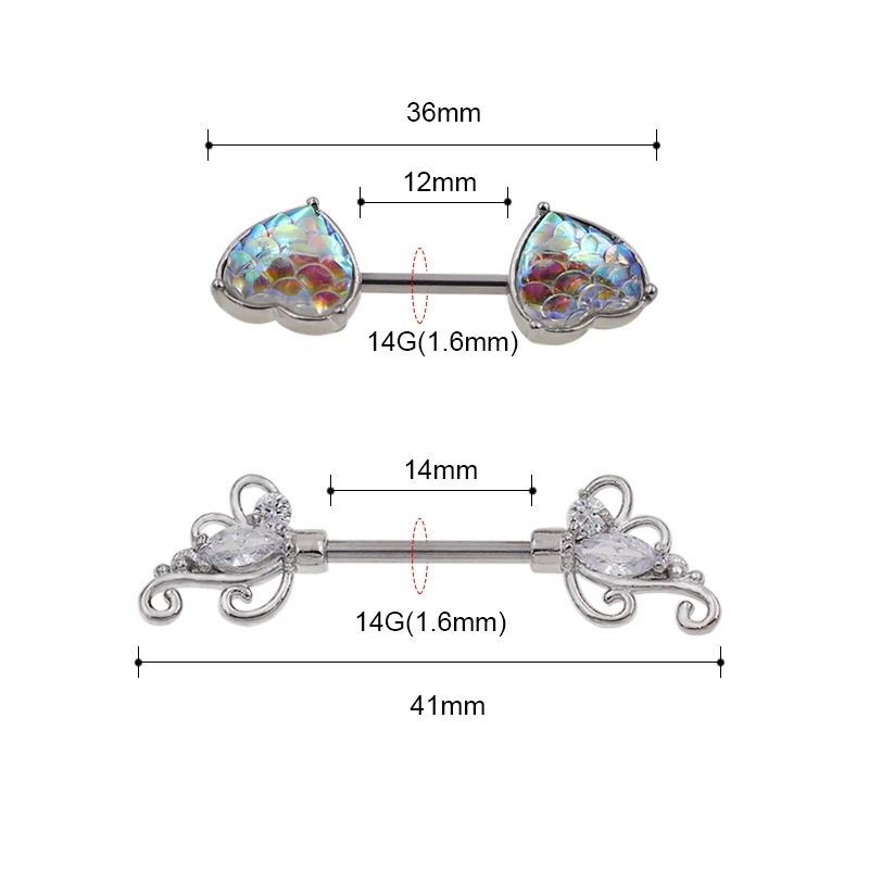 2 шт., кольцо для пирсинга русалки на соски, Разноцветные серьги в форме сердца, рыбная чешуя из нержавеющей стали, 14 г, пирсинг штанги для сосков