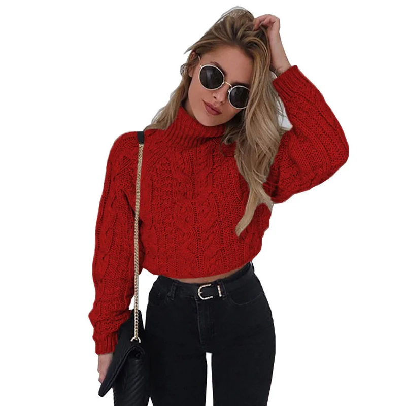 

2019 New Womens Knitted Short Sweater Turtleneck Long-sleeve Spring Autumn Pullovers Woman Solid Color Fashion Tops Female