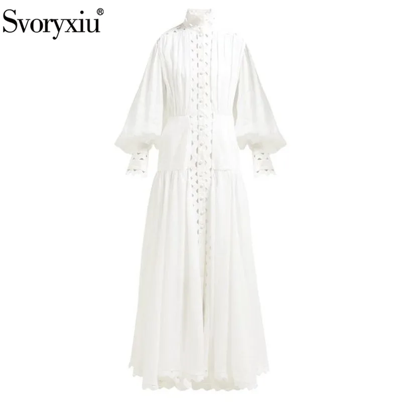 

Svoeyxiu Designer Summer Party White Maxi Dress Women's Elegant Long Sleeve Stand Collar Hollow Out Embroidery Long Dress