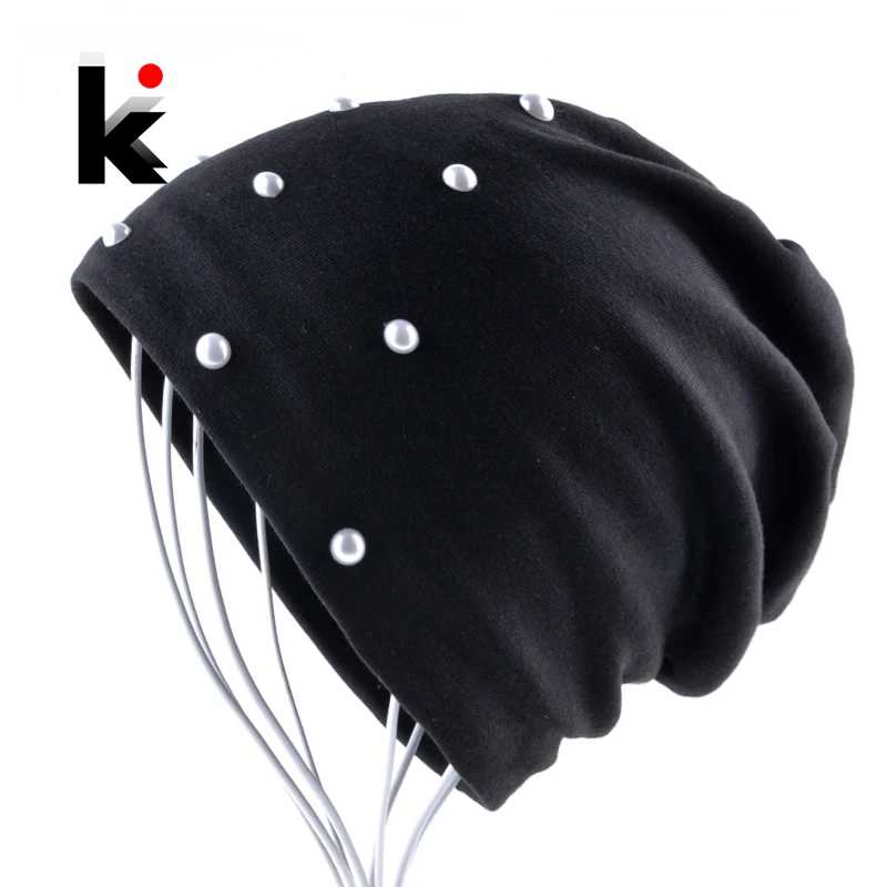 

Spring And Autumn Beanie Hats For Women Fashion Handmade Pearls Bonnet Caps Female Head Accessories Solid Color Skullies Beanies