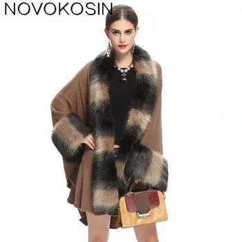 Women Party Overcoat Cloak High 2018 Long Winter Imitation Fox Fur Collar Knitted Cardigan Cape Faux Cashmere Poncho Shawl olive green shawl collar open front cocoon cardigan