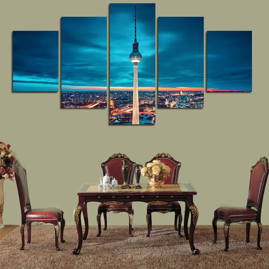 2016 High Quality 5 Pcs Urban Night Scene And Transmission Tower Art Hd Picture Canvas Print Oil Painting Wall Home Decorative