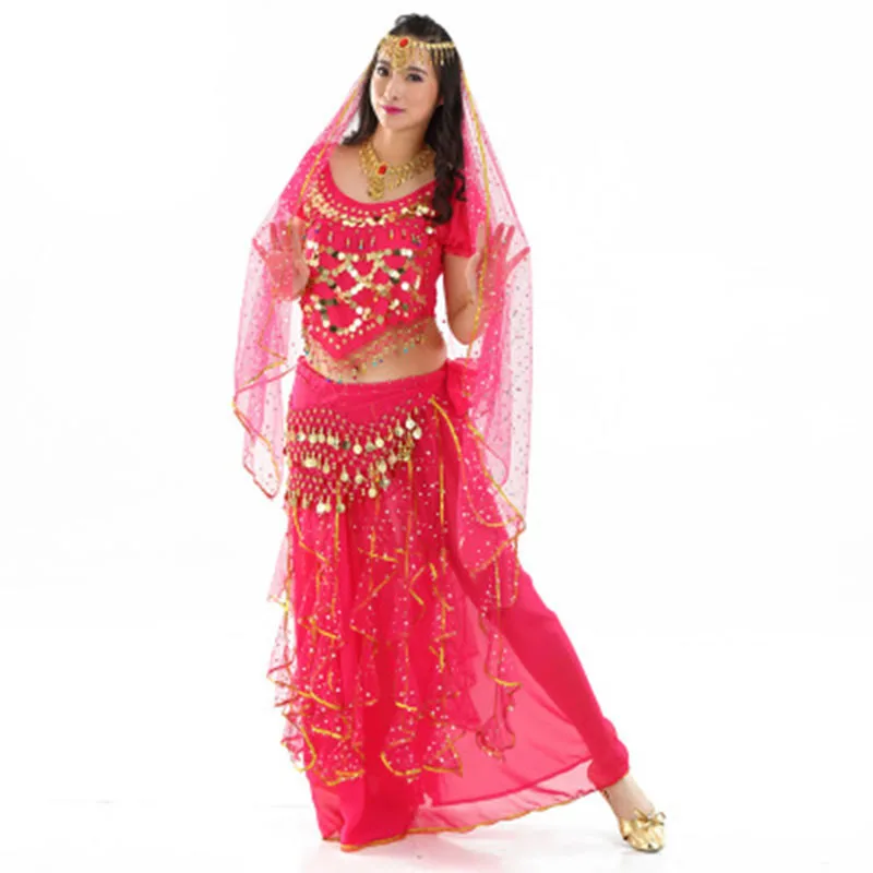 6 цветов, костюмы для танца живота, Восточная юбка для выступлений, соревнования, индийское платье Болливуда, костюм для танца живота, набор, племенной костюм - Цвет: tops skirt belt