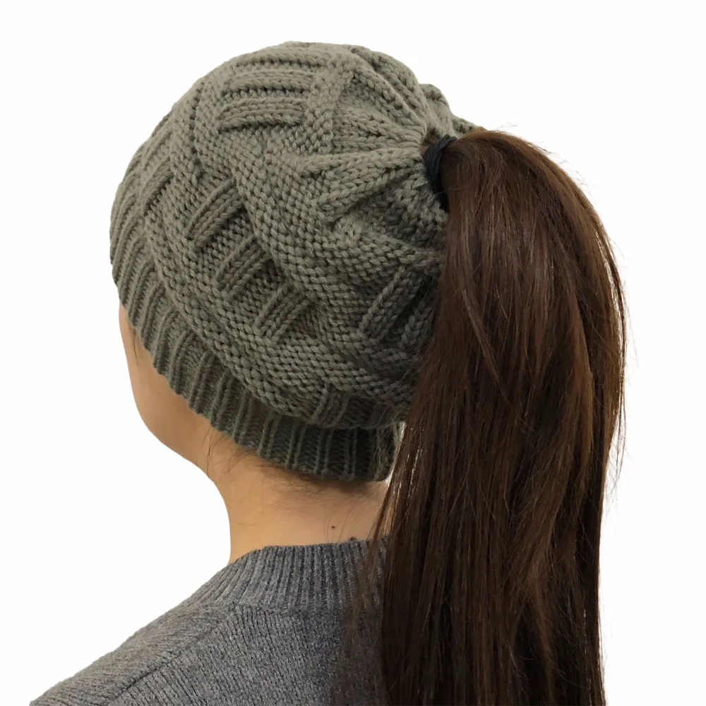 Fashion Ponytail Beanie Women Winter Hats Crochet Knitted Bamboo Ski Cap Skullies Beanies Warm Caps Female Stylish Hat Ladies