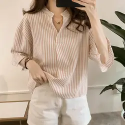 2019 Модные женские полосатые топы Свободная Женская блузка повседневные рубашки с v-образным вырезом Тонкие Топы