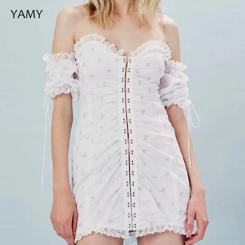

New Womens Magnolia Mini Dress Slash Neck Sexy Sheath White Party Dress Vestidos Embroidered Floral Dress Lace Short Dress 2019