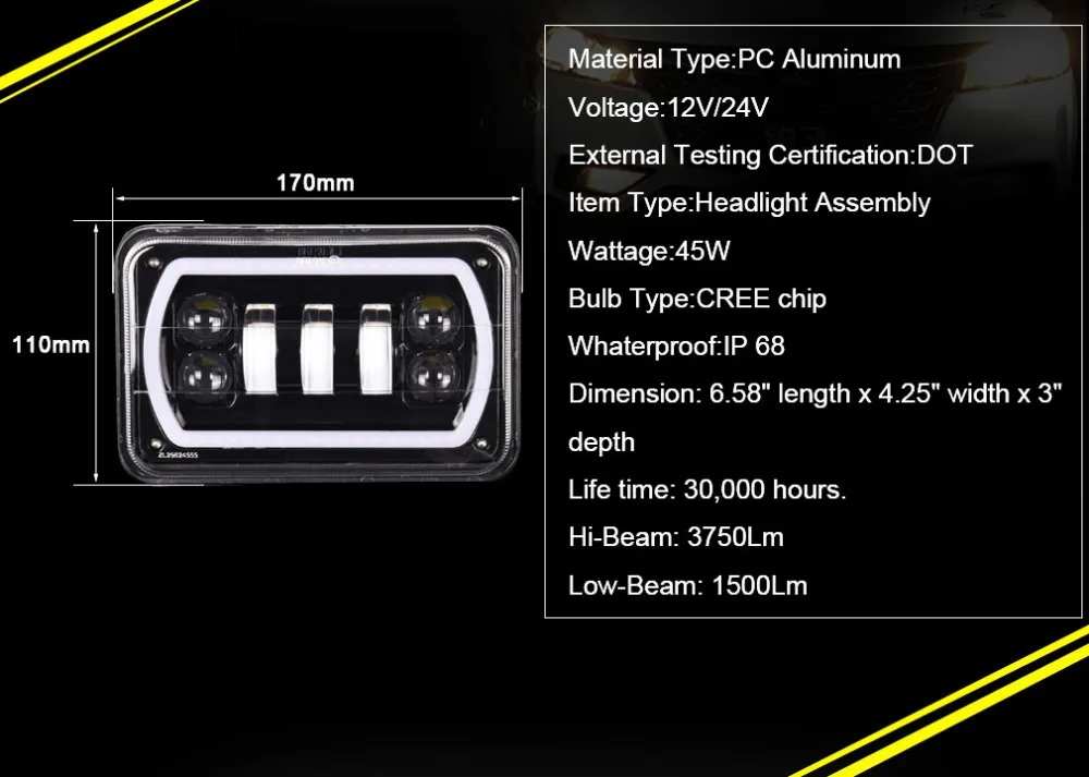 4X6 Автомобильный светодиодный головной светильник, квадратный светильник, белый ореол, DRL, янтарный сигнал поворота, герметичный, Высокий/Низкий Луч, замена для Ford Trucks Offrord