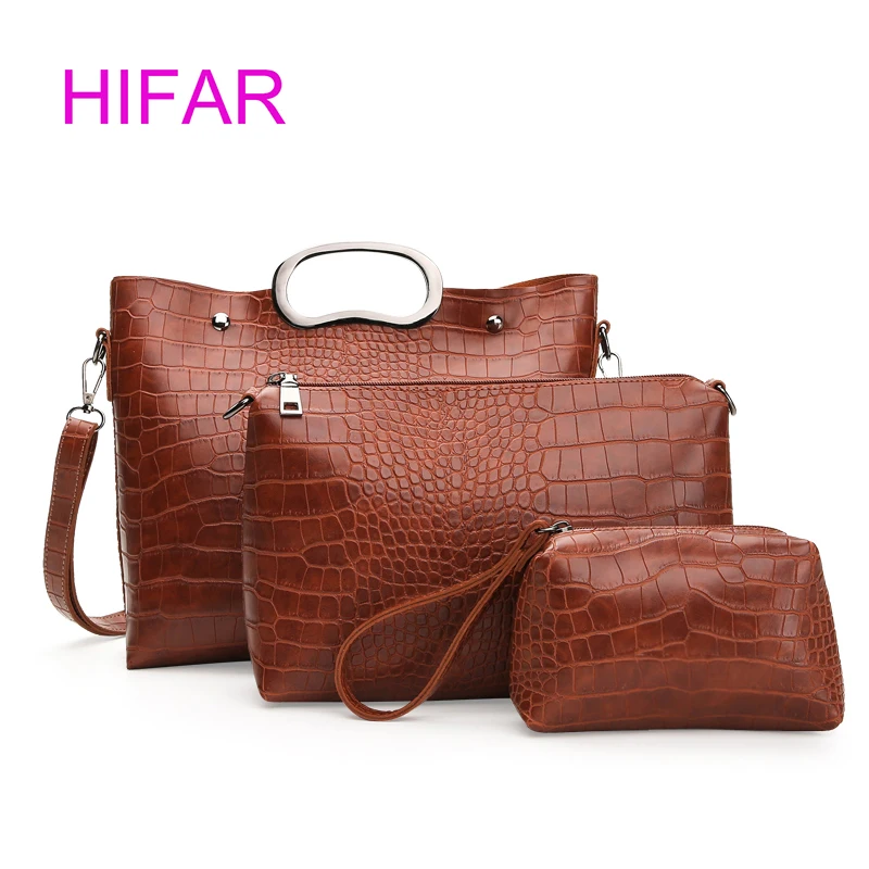 

2018 HIFAR Women Leather Shoulder Bags Luxury Brand Crocodile Pattern Handbags Women Bag Set 3 Pieces Female Messenger Bags