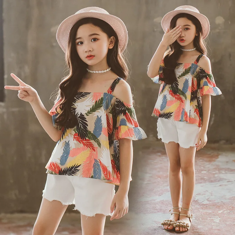 Casual Children Sets Colorful Feather Print Tops + White Shorts Girls ...
