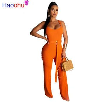 

Sashes lace up bodycon jumpsuit for women 2019 Summer sleevelss tight party rompers Casual womens jumpsuit Solid long overalls
