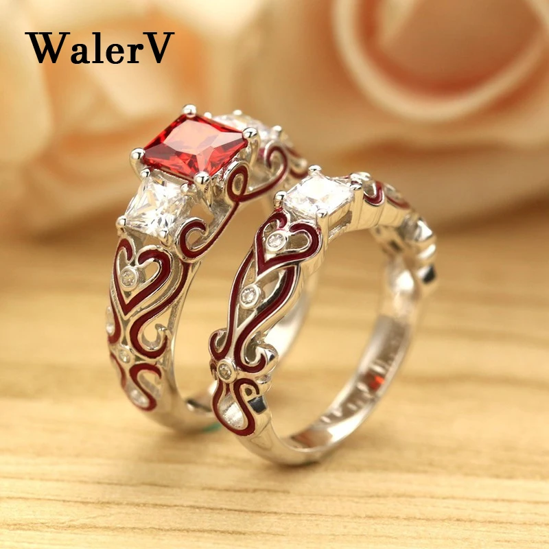 WalerV Luxury Wedding Rings Pair Red Engagement Band Ring Sets For Women Zirkonia Crystal Jewelry Forever Love Green Zircon Ring