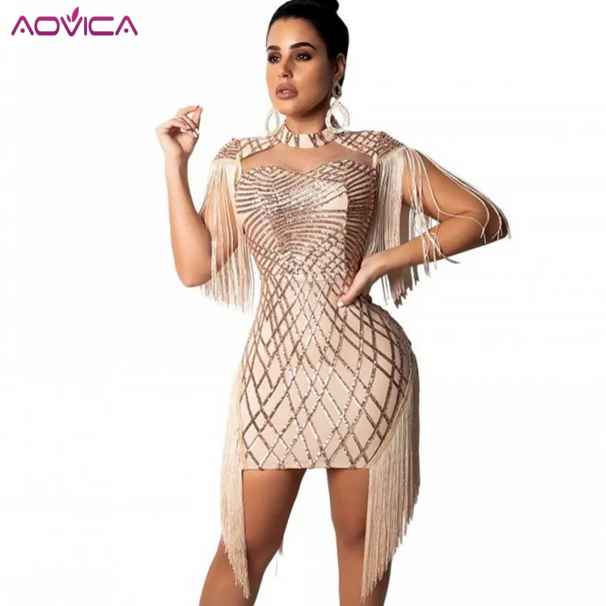 

2019 Tassels Cap Sleeve Sexy Bandage Dresses Women Shiny Geometric Sequined Birthday Party Dress Hollow Out Slim Fit Vestidos