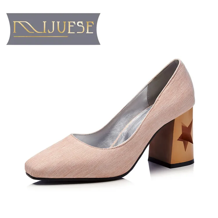 

MLJUESE 2018 women pumps canvas autumn spring cut-outs slip on pink color high heels women size 34-43