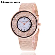 Vansvar Brand Fashion Rose Gold Silver Mesh Band Quartz Wtach Luxury Stainless Steel Women Rhinestone Watch