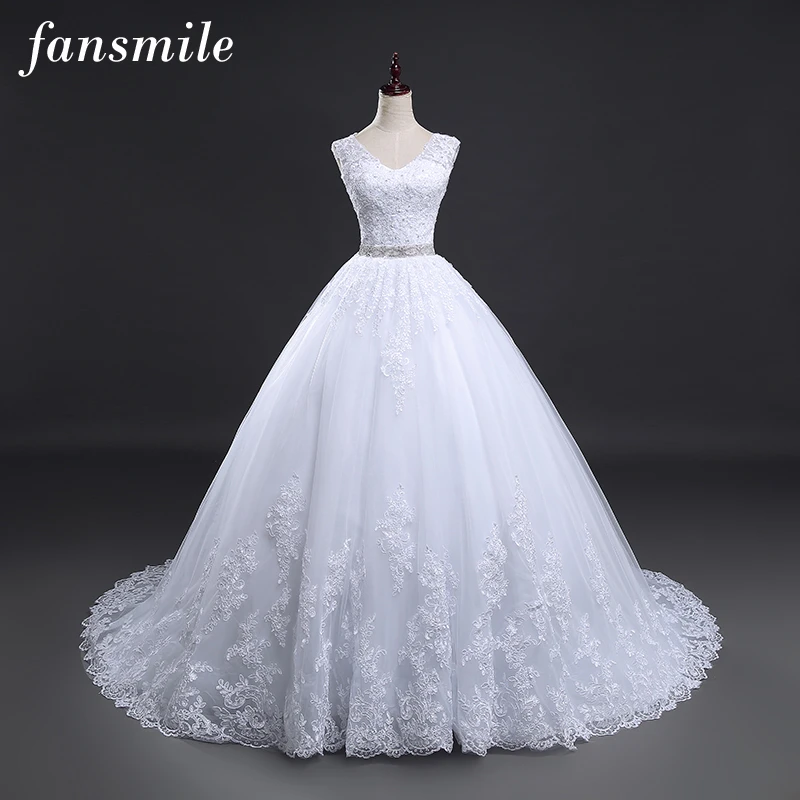 Fansmile Vintage Lace Vestidos de Novia Train Ball Wedding Dresses 2022 Bridal Dress Wedding Gowns Robe de Mariee FSM-099T tea length wedding dress