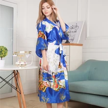 Сексуальное Новое винтажное женское кимоно халат с длинным принтом Ночная рубашка королевский синий ночное белье с v-образным вырезом Пижама женская Халат Один размер
