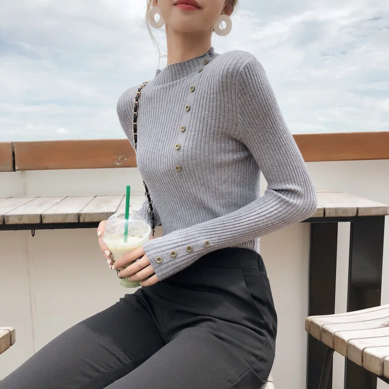 

Solid Colour Half-collar Knitted Sweater Woman Unlined Shirt Simple Long Sleeve Shirt Slim Thin Pullover Female Knitwear Tops