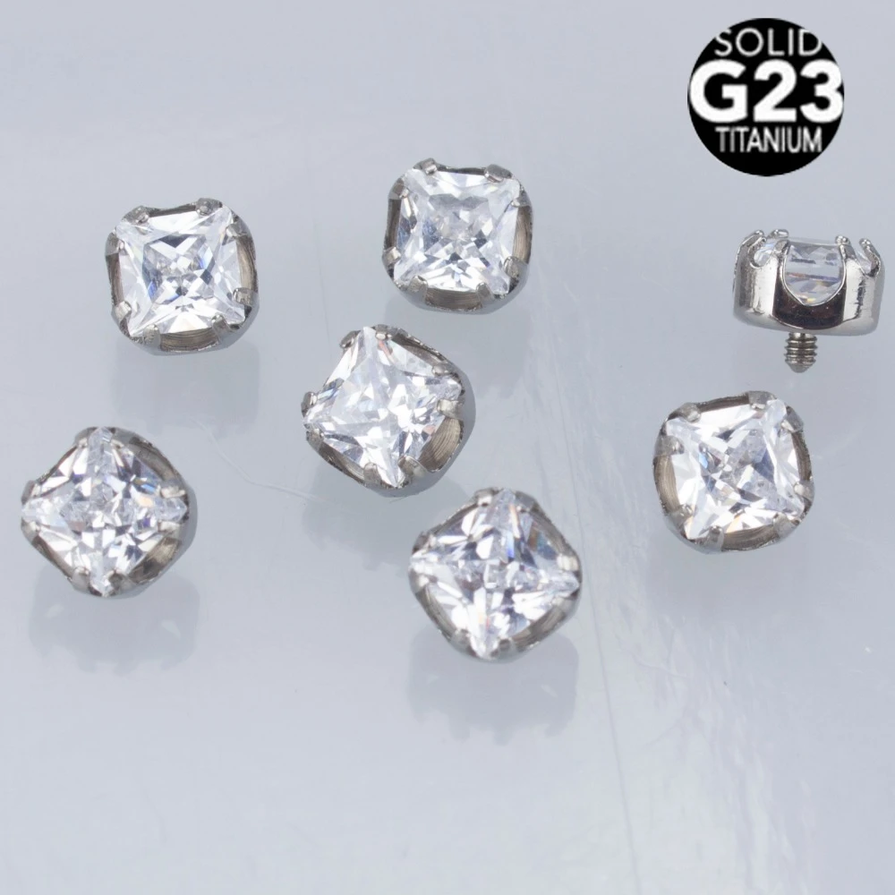 Square Zircon 1.2mm Threaded G23 Titanium Skin Diver And Dermal Anchor Labret Lip Piercing Tops