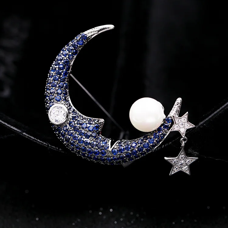 

Korean fashion personality crescent moon star pearl pin brooch shawl female temperament simple buckle accessories