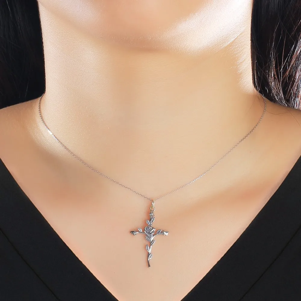Rose & Cross Design 100% 925 Sterling Silver Pendant Necklace Vintage Women Necklaces Gothic Jewelry (Lam Hub Fong NE102030) - Image 2